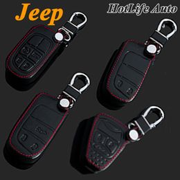 Genuine Leather Car Keychain Key Case Cover for Jeep 2011- 2014 2015 Grand Cherokee 2/3/4 Buttons Smart Car Key Chain Rings