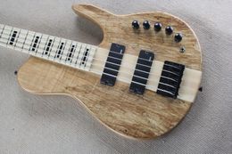 Rare Neck Thru Body 5 Strings Natural Spalted Maple Top Electric Bass Guitar Ash Body, Active Wires & 9V Battery, Black Block Inlay