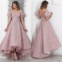 Off The Shoulder Evening Gown With Petticoat Short Sleeve Applique Sash Backless Lace Prom Dresses Fashion High-Low Pretty Evening Dresses