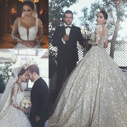 Mangas Compridas Vestidos de Casamento Arábia Saudita Sheer Pescoço Major Baded Vestido De Baile Vestido De Noiva Contas Personalizado Vestidos de Casamento de Renda Completa