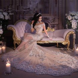 Arabisches Meerjungfrau-Hochzeitskleid mit langem Zug, sexy Langarm-Spitze-Applikationen, Perlen, Kristalle, Stehkragen, durchsichtige Brautkleider