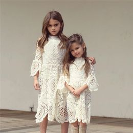 Girls Crochet Lace Dresses Baby Clothing Spring Autumn 2018 Baby Girls Clothes Princess Flare Sleeve Dress Kids Girls Hallow Out Dress