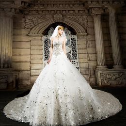 Luxury A-Line Wedding Dresses Sweetheart Beaded Crystal Rhinestones Chapel Train Bridal Lace-up Wedding Gowns Real Photo Custom Made