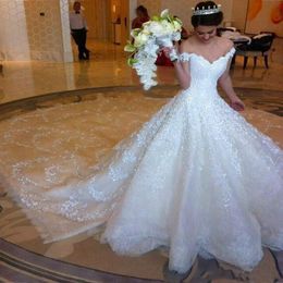 Gorgeous Off Shoulder Wedding Dresses Crystal Beaded Sequins Lace Appliques Bridal Dresses A Line Cathedral Train White Lace Wedding Gowns