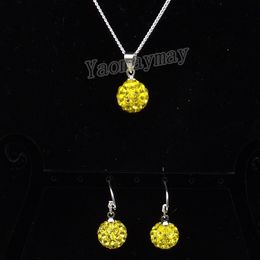 10mm Yellow Disco Ball Pendant Earrings And Necklace Rhinestone Jewellery Set 10 Sets Wholesale