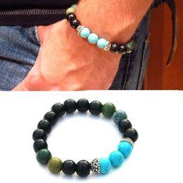 SN0134 High Quality Men Fashion 10mm Black Stone Jewellery India Agate Turquoise Beaded Bracelet stretch Men Bracelet Free Shipping