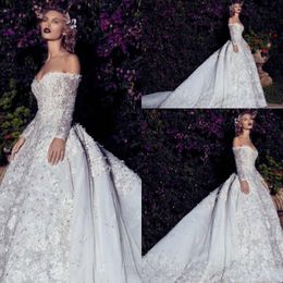 Luxury Chapel Train Lace Wedding Dresses 2017 Spring Off Shoulder Long Sleeve Bridal Gowns Custom Made Lace Applique Wedding Gowns