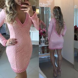 New Arrivals 2017 Pink Lace Short Homecoming Dresses With Pearls Sexy Sheer Neck Illusion Back Long Sleeve Prom Party Gowns Custom EN82916
