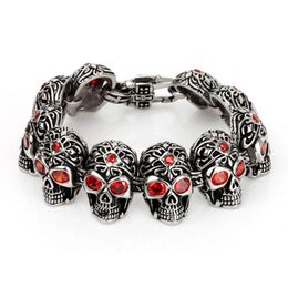 High Quality Personality Vintage Titanium Steel Skull Ruby Chains Bracelet Wristbands Brace lace Mens Punk Jewelry
