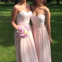 A Line Blush Pink Sweetheart Neckline Lace Chiffon Long Bridesmaid Dresses Cheap Floor Length Formal Peach Garden Country Maid of Honour Dres