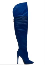 2017 moda donna sopra il ginocchio stivali alti alti gladiatore stivaletti alti 12 cm tacco sottile blu mujer bota scarpe da festa