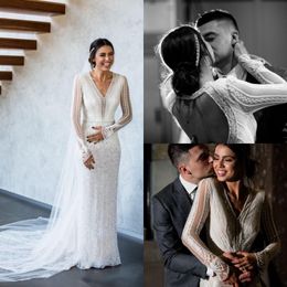 2019 Romantic Mermaid Wedding Gowns Plus Size Sexy Backless V-Neck Bridal Gowns Custom Made Long Sleeves Beach Wedding Dress