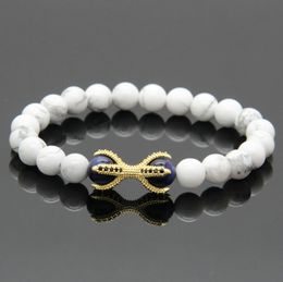 Wholesale 10pcs/lot White Howlite Marble Stone with Blue Tiger Eye Beads Micro Inlay Black CZ Beads Eagle Claw Stretch Bracelets