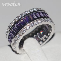 Vecalon Women Fashion Jewellery ring 15ct Simulated diamond Amethyst Cz 925 Sterling Silver Engagement wedding Band ring for women