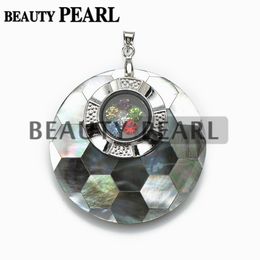 Silver Plated Round Black Shell Pendant Multicolor Floating Crystals Rhinestones Unique Jewellery with Bead Necklace Chain