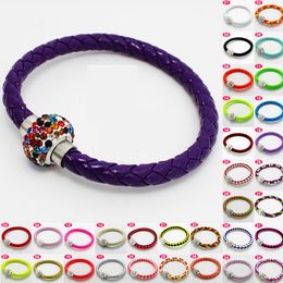2016 New Braided Bracelets PU Leather Magnetic button Bracelet CZ Disco Crystal Bead Bangle Multicolor Handcraft gift