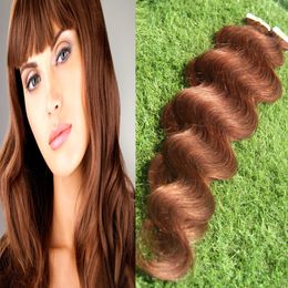 Virgin Mongolian Body Wave Hair 100G Human Hair Tape In Hair Extension Skin Weft PU Extension Remy 30 Auburn Brown