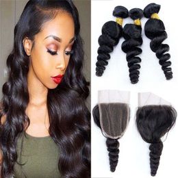 Brazilian Human Hair Weaves with 4x4 Lace Closure Cheap Unprocessed Loose Wave Virgin Human Hair Weft 3 Bundles With Top Lace Closure