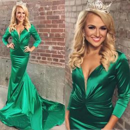 Charming 2017 Green Elastic Silk like Satin Mermaid Dresses Evening Wear Long Sleeve V Neck Long Formal Evening Gowns Custom Made EN9013