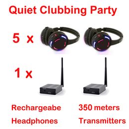 500m Distance Silent Disco system flashing led light wireless headphones - Quiet Clubbing Party Bundle with 5 Headphones and 1 Transmitter