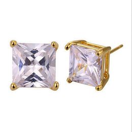 Square Cubic Zircon 24k Yellow Gold Filled Womens Mens Stud Earrings(2.0ct)