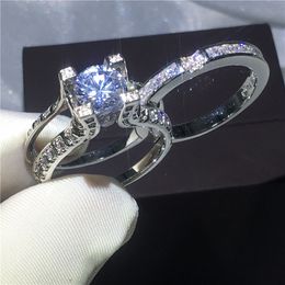 Handmade 2-in-1 Women ring set 5A clear zircon White gold filled Engagement wedding band rings for women men Size 5-10
