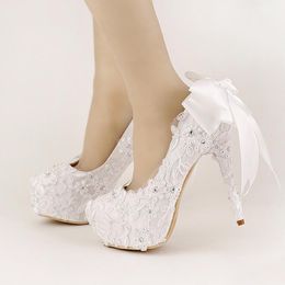 Sweet White Ribbon Bows Bridal Shoes High Heel Platform Shoes with Stiletto Wedding Shoes Handmade Comfortable Satin Women Pumps
