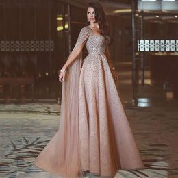 Luxury Sweetheart Cape Long Evening dresses Saudi Arabia Beaded crystal long evening dress A-Line floor length formal gowns vestido de festa