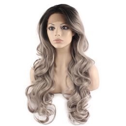 Long Wavy Black Grey Two Tone Lace Front Ombre Wig
