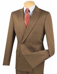 Men Taupe chevron stripe double breasted 6 button Sommelier groom 2 pieces (jacket + pants) custom made
