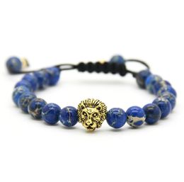 -1pcs Bracelets de détail pour hommes 8mm Perles de pierre Gold Argent Plaqué Lion Threading Bracelets