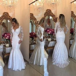2018 Arabic Mermaid Wedding Dresses Sweetheart Long Sleeves Full Lace Appliques Beaded Button Back Sweep Train Vestidos Formal Bridal Gowns