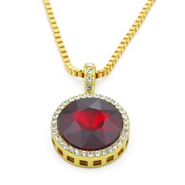 24k Gold Plated Hip Hop Iced Out Red Ruby Round Pendant Necklace with 3mm Box Chain