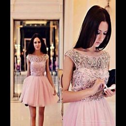 Pink Tulle Short Party Dresses Scoop Neck Crystal Beaded Mini Party Prom Dress Luxury Vestido de festa