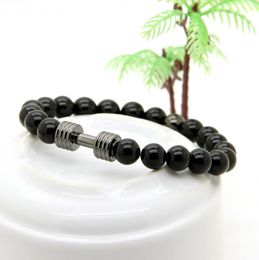 1PCS Real Gold Plated Metal Barbell Bracelet & 8mm Stone Beads Fitness Fashion Dumbbell Bracelets