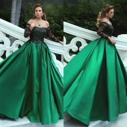 Elegant 2017 Black Off The Shoulder Lace Sequin Long Sleeve Dresses Evening Wear Satin Green Formal Gowns Custom Made EN82217