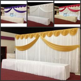 10ft 20ft White color ice silk Wedding Backdrop Curtain With Swags gold drape Luxury Wedding Props Satin Drape curtain party decor267S