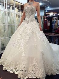 Free Shipping New Luxury Elegant A-line Princess High Neck Sleeveless Beading Cathedral Train Tulle Wedding Dresses