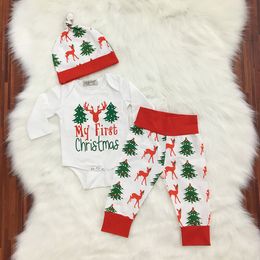 Venta al por mayor del niño recién nacido otoño Invierno Niños manga larga árbol de Navidad conjunto muchachas de los bebés Trajes ropa del mameluco de tops + sombrero