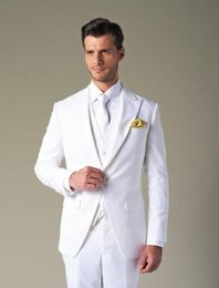 New style Peak Lapel One Button White High quality Groom Tuxedos Suit Wedding Men's suits (Jacket+Pants+Tie+Vest)