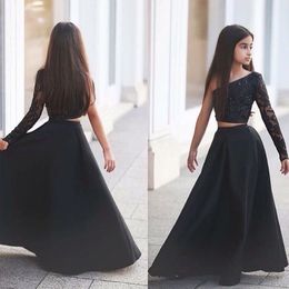 2020 New Modest Girls Pageant Dresses Two Pieces One Shoulder Beads Black Sexy Flower Girl Dress For Child Teens Party Cheap Custom Made