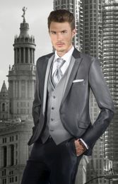 Hot Selling Groomsmen Peak Lapel Groom Tuxedos Shiny Grey Men Suits Wedding/Prom Best Man Blazer ( Jacket+Pants+Vest+Tie ) A104