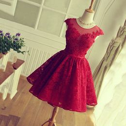 Short Sweety Cocktail Dresses Jewel Sheer Neck With Applique Embroidery Evening Dress Back Zipper With Sashes Red Custom Made Prom Gowns