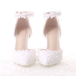 White Lace Flower Bride Dress Shoes Pointed Toe Stiletto Middle Heel Wedding Party Shoes with Ankle Strap Bridesmaid Pumps