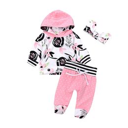 Baby Clothes Set 2018 Spring Autumn Newborn Girls Rose Flower Printing Hooded Tops + Dot Long Pants + Headband 3Pcs Sets Kids Clothes Girls