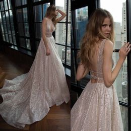 Sexy Deep V Neck 2018 Berta Wedding Dresses Backless Sleeveless Beaded Luxury Bridal Gowns Sweep Train Crystal Illusion Bodice Wedding Dress