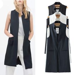 Damenweste 2023 Neue Mode Weiß Schwarz lange Weste im europäischen Stil ärmellose Jacke nach geteiltem Mantel Modetrend Casual Top-Gruppe Frauen 18