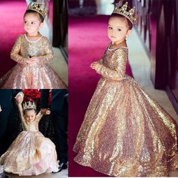 Cute Sequined Long Sleeves Girls Pageant Gowns Pink Tulle Ball Gown Flower Girl Dresses For Wedding Children Birthday Party Dress