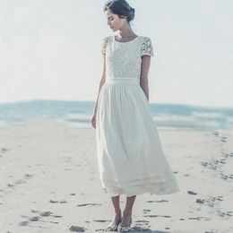 Laure de Sagazan Short Beach Bohemia 2020 New Bride Wedding Dresses Lace Chiffon Cap Sleeves Tea Length Bridal Gowns robe de mariee 032