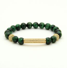 Fashion Men & Women Jewellery Wholesale 8mm A Grade Green Tiger Eye Stone Micro Inlay Clear CZ Tube Beaded Bracelets